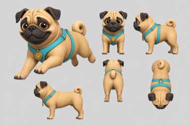 Design board showing Riley, a fawn pug in a teal harness, from several angles.