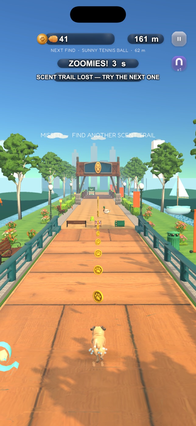 Riley the pug mid-run on the waterfront park path, dodging obstacles and collecting paw tokens