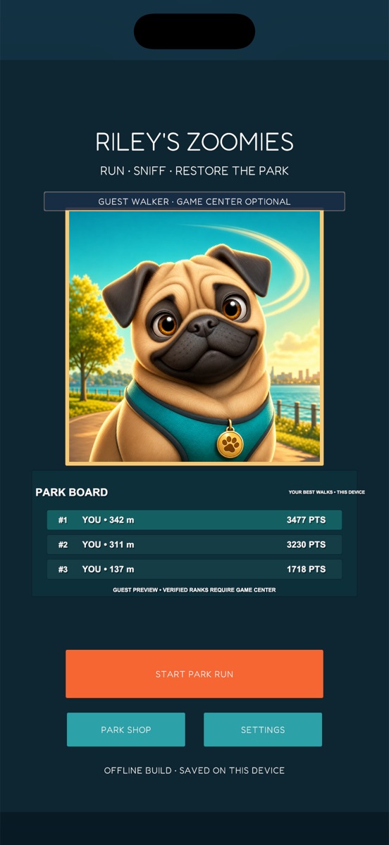The Riley's Zoomies home screen showing the Park Board with recent scores, plus Start Park Run, Park Shop and Settings.