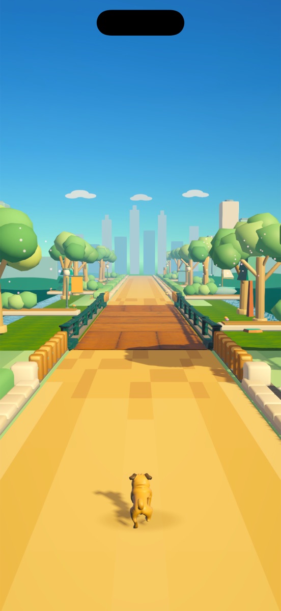 Real screenshot: Riley sprinting along the sunlit park path toward the bridge.