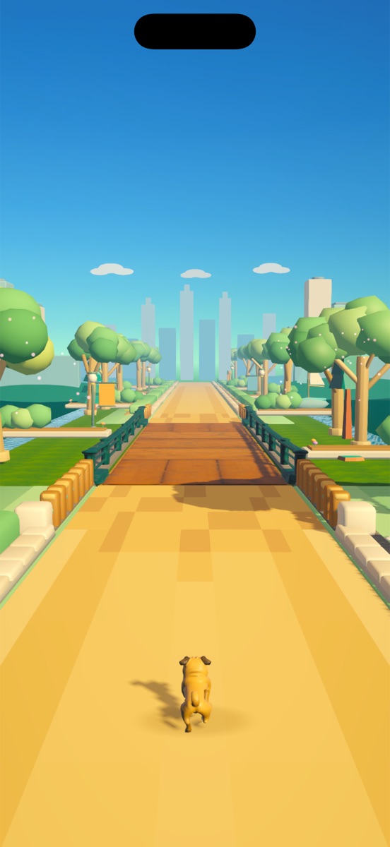 An in-run frame of Riley on the park path, trees and water on both sides.