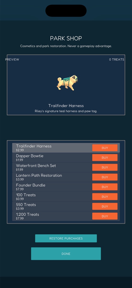 The Park Shop screen with a 3D preview of Riley wearing the Trailfinder Harness and a list of cosmetic items with prices.